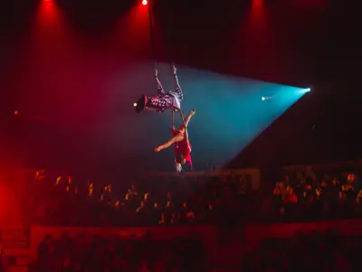 performance of aerialists in the circus arena