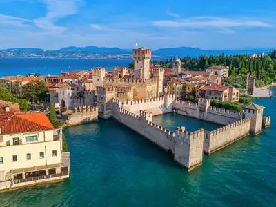 Aerial view to the town of Sirmione, popular travel destination on Lake Garda in Italy