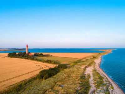 The lighthouse Fluegge (german Flügge) as seen from the sky on a sunny day. It was build from 1914 to 1915.