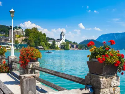 View of St. Wolfgang waterfront with Wolfgangsee lake, Austria