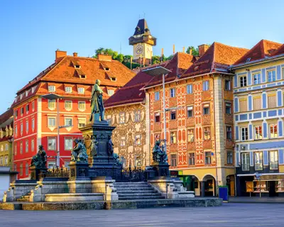 Painted facades and the Clocktower in the old town of Graz, Austria are on UNESCO World Cultural Heritage list