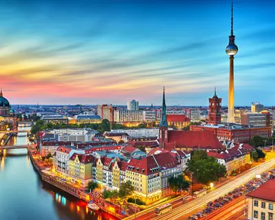 Berlin City Skyline in Germany at Night.