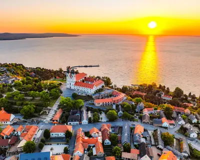 Tihany in Hungary. Benedictine Monastery of Tihany Abbey with Lake Balaton.