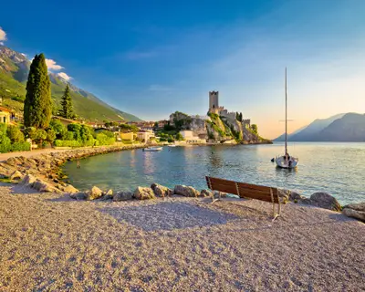 Town of Malcesine castle and beach view, Veneto region of Italy, Lago di Garda