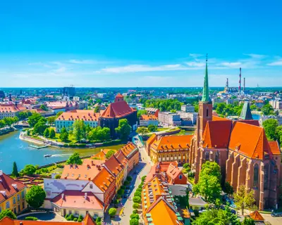 Aerial view of Wroclaw with church of our lady of the sand and church of the Holy Cross and St Bartholomew, Poland