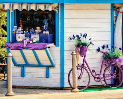 Izola, Slovenia - April 24, 2018: Lavender souvenir shop at the historic center of Izola old city, Slovenia