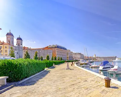 Trieste promenade and small port in Italy by Adriatic sea