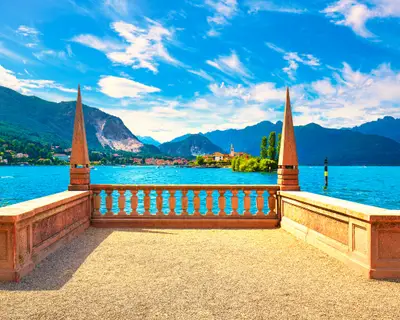 Isola dei Pescatori and terrace from Isola Bella, fisherman island in Maggiore lake, Borromean Islands, Stresa Piedmont Italy, Europe.