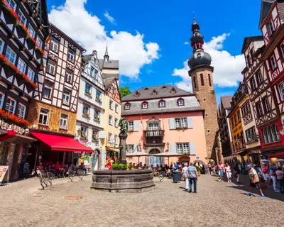 COCHEM, GERMANY - JUNE 28, 2018: Central square in Cochem old town in Moselle valley, Germany