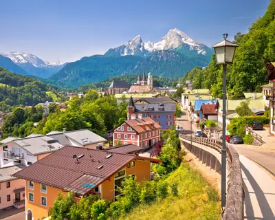 Town of Berchtesgaden and Alpine landscape view, Bavaria region of Germany