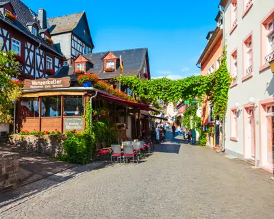 RUDESHEIM AM RHEIN, GERMANY - JUNE 25, 2018: Rudesheim city centre, winemaking town in the Rhine Valley in Germany.