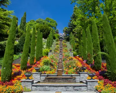 Italy Flower stairs and bed of flowers, Mainau Island, Baden-Württemberg, Germany, Europe