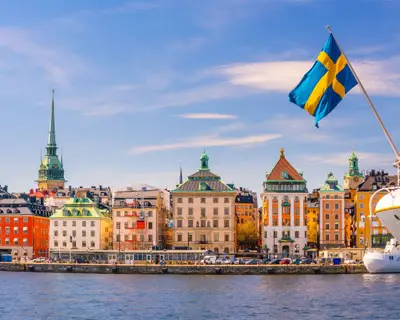 Stockholm old town city skyline, cityscape of Sweden at sunset