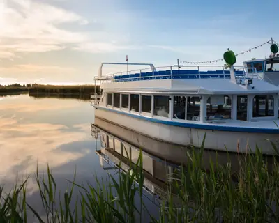 Lake Neusiedl bicycle ferry in the reeds resting on the pier
