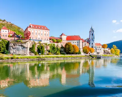 Durnstein town in Wachau valley in autumn, Austria