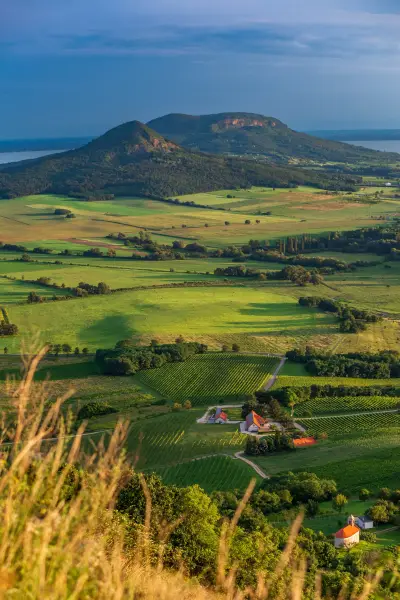 View Badacsony from Csobanc in Balaton Highlands. Badacsony Hill with the Lake Balaton in the sunset time, Hungary.