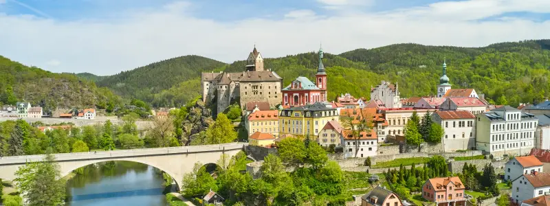 Panoramic view of Loket castle and bridge over the river Ohri , Czech Republic