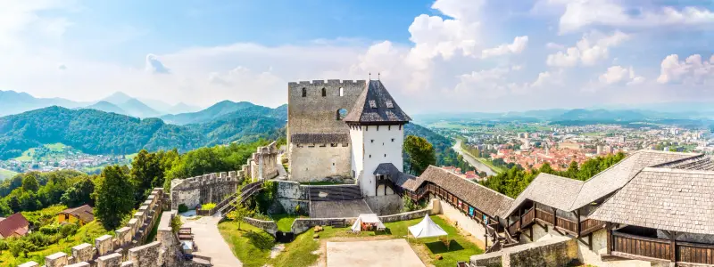 Panoramic view at the Old Catle of Celje with Town in backround, Slovenia
