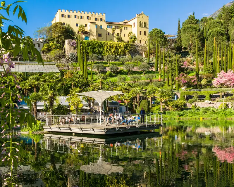 Meran, april 9 2017 :the Botanic Gardens of Trauttmansdorff Castle, Merano, south tyrol, Italy, offer many attractions with botanical species and varieties of plants from all over the world.