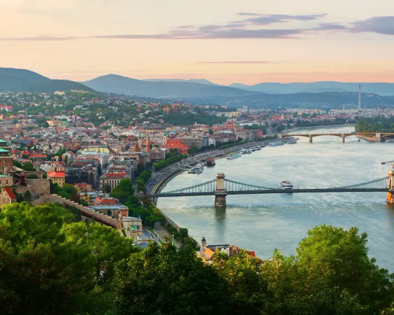 Panoramic view from above on landmarks of Budapest at summer sunset, Hungary