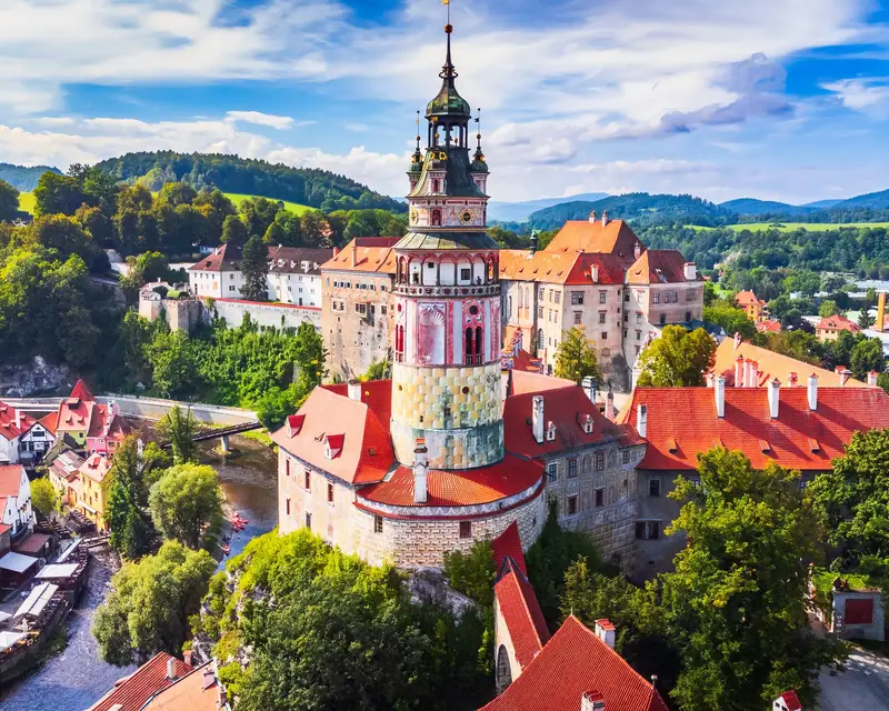 Cesky Krumlov, Czech Republic. Aerial wiew over the historical Krumlov and Vltava river, UNESCO heritage in Bohemia.